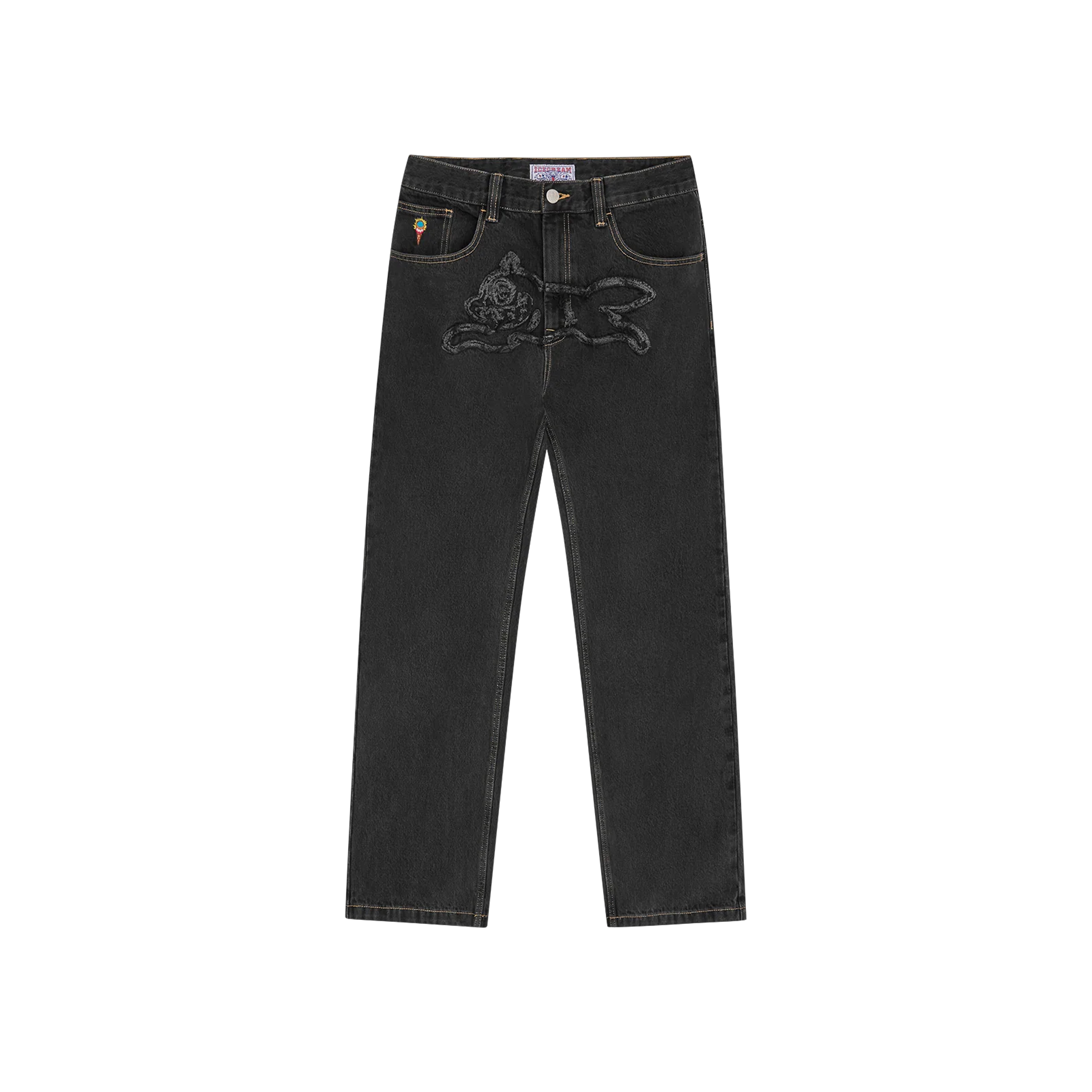 RUNNING DOG APPLIQUE DOUBLE SCOOP DENIM PANT BLACK – ICECREAM