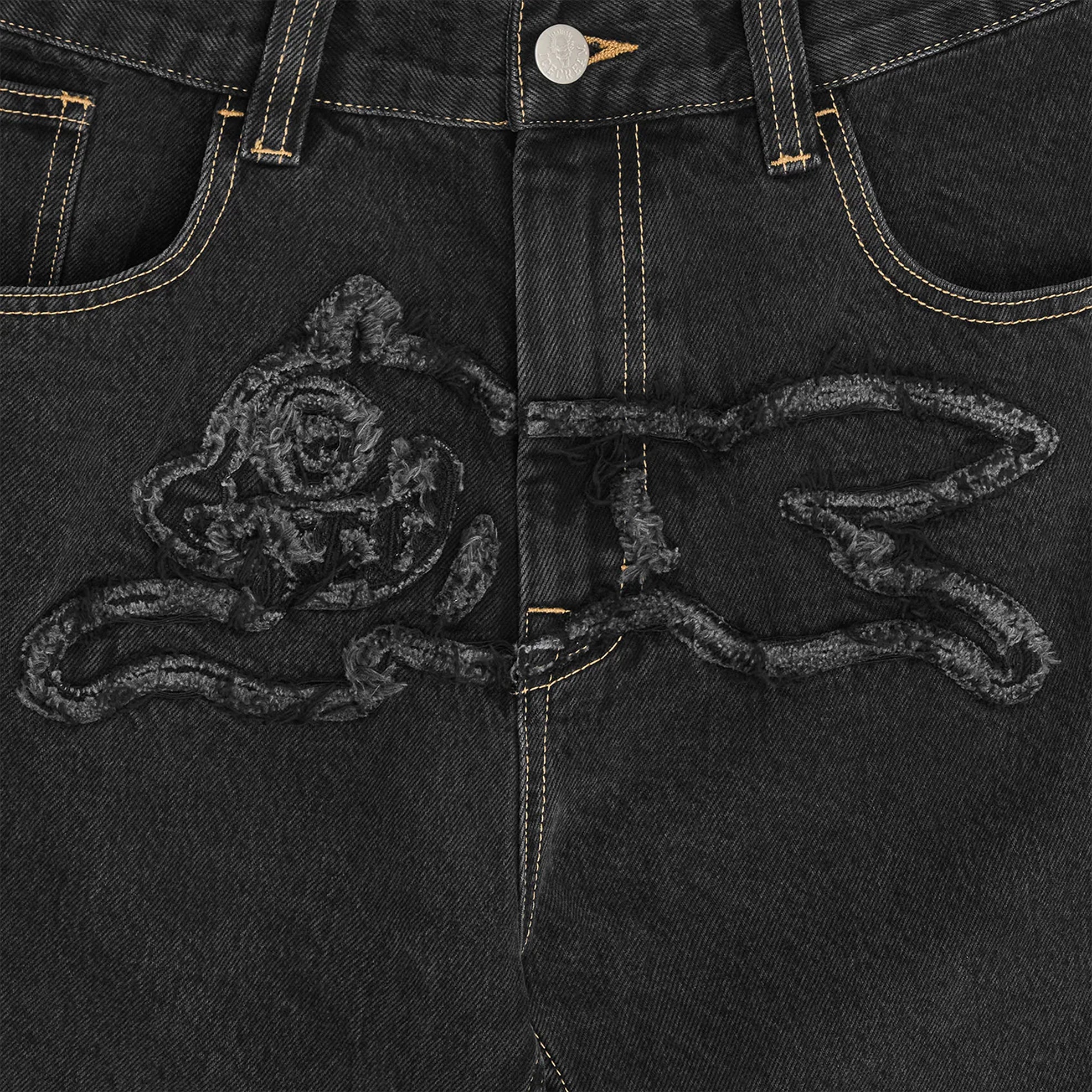 RUNNING DOG APPLIQUE DOUBLE SCOOP DENIM PANT BLACK – ICECREAM