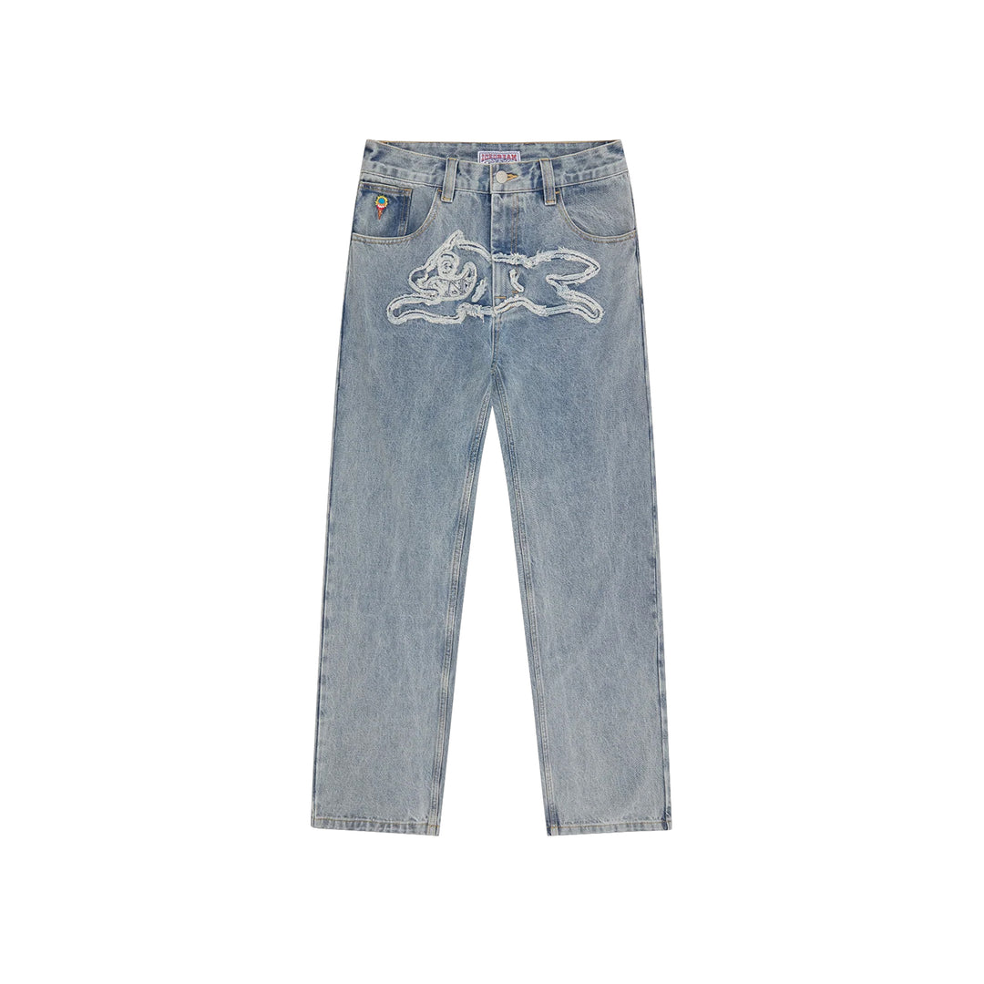 RUNNING DOG APPLIQUE DOUBLE SCOOP DENIM PANT LIGHT WASH BLUE – ICECREAM