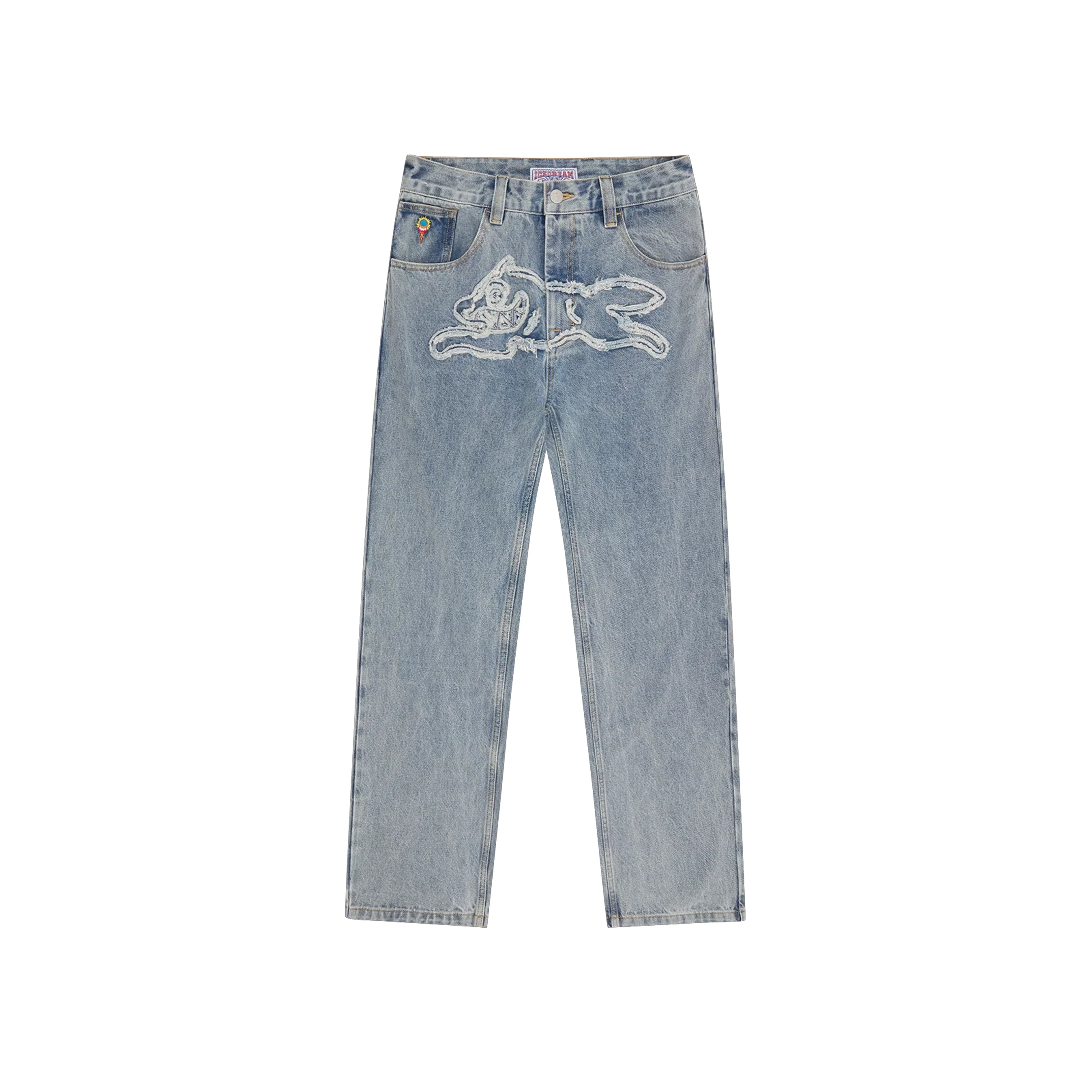 RUNNING DOG APPLIQUE DOUBLE SCOOP DENIM PANT LIGHT WASH BLUE – ICECREAM