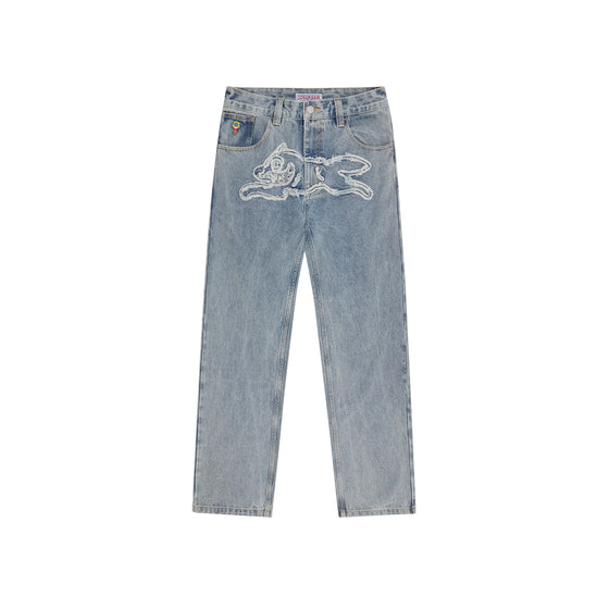 RUNNING DOG APPLIQUE DOUBLE SCOOP DENIM PANT LIGHT WASH BLUE – ICECREAM