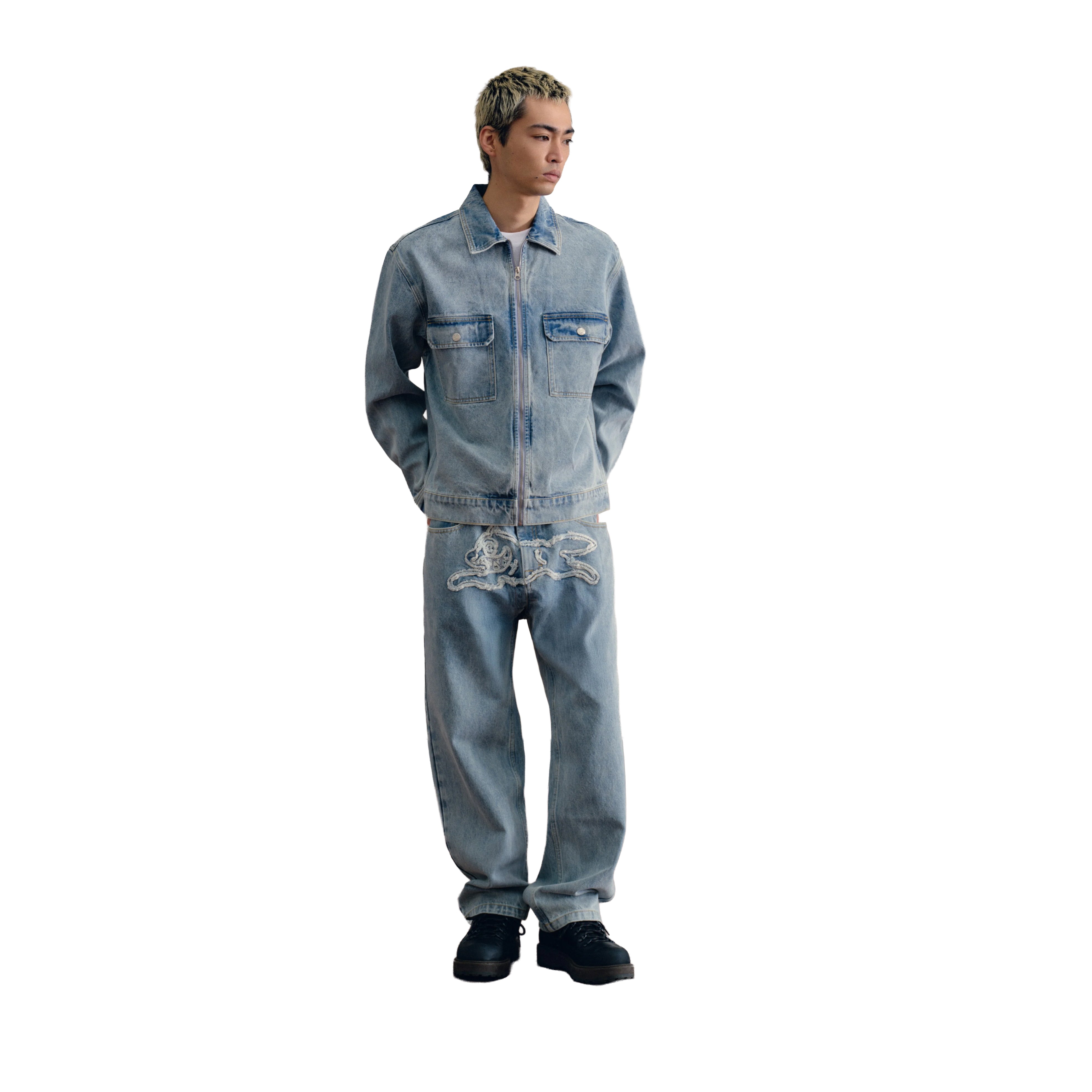 RUNNING DOG APPLIQUE DOUBLE SCOOP DENIM PANT LIGHT WASH BLUE – ICECREAM