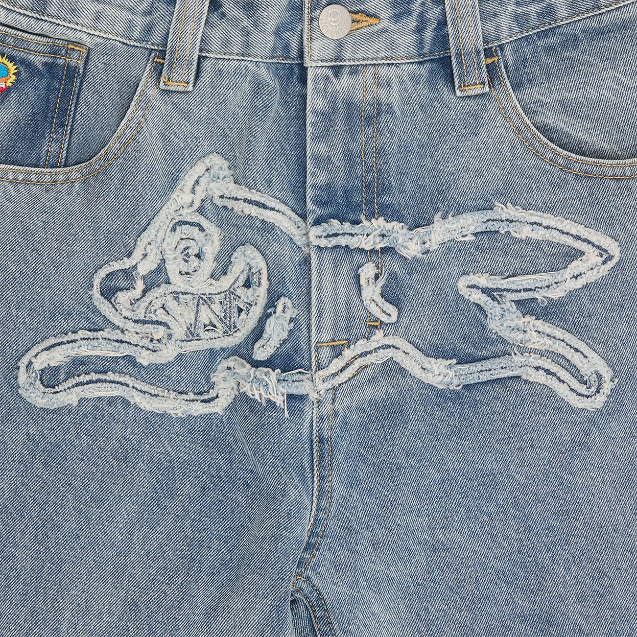 RUNNING DOG APPLIQUE DOUBLE SCOOP DENIM PANT LIGHT WASH BLUE – ICECREAM