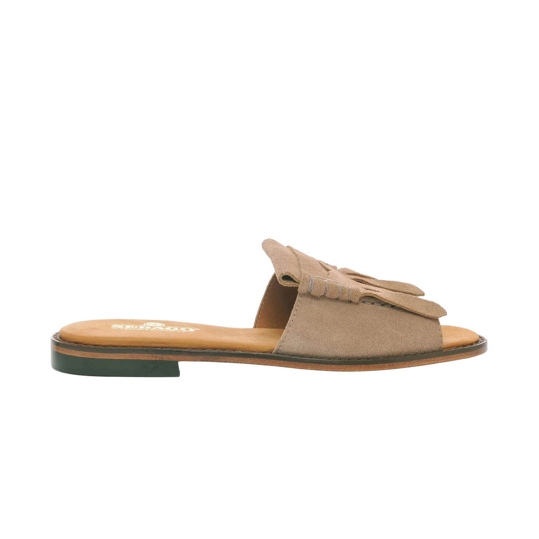 SANDALE SLIDE FRINGES W BEIGE CAMEL