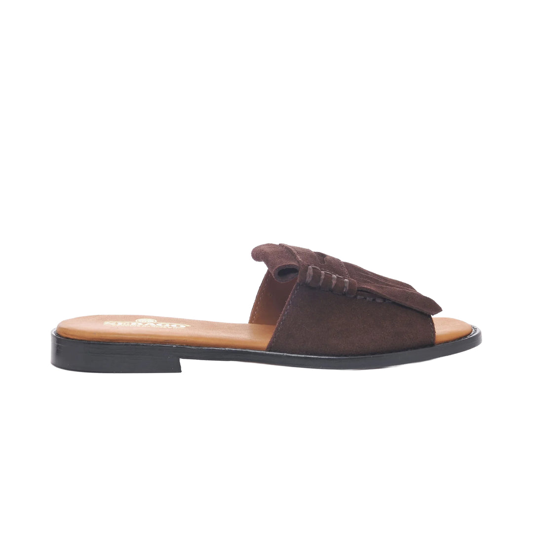 SANDALE SLIDE FRINGES W DARK BROWN